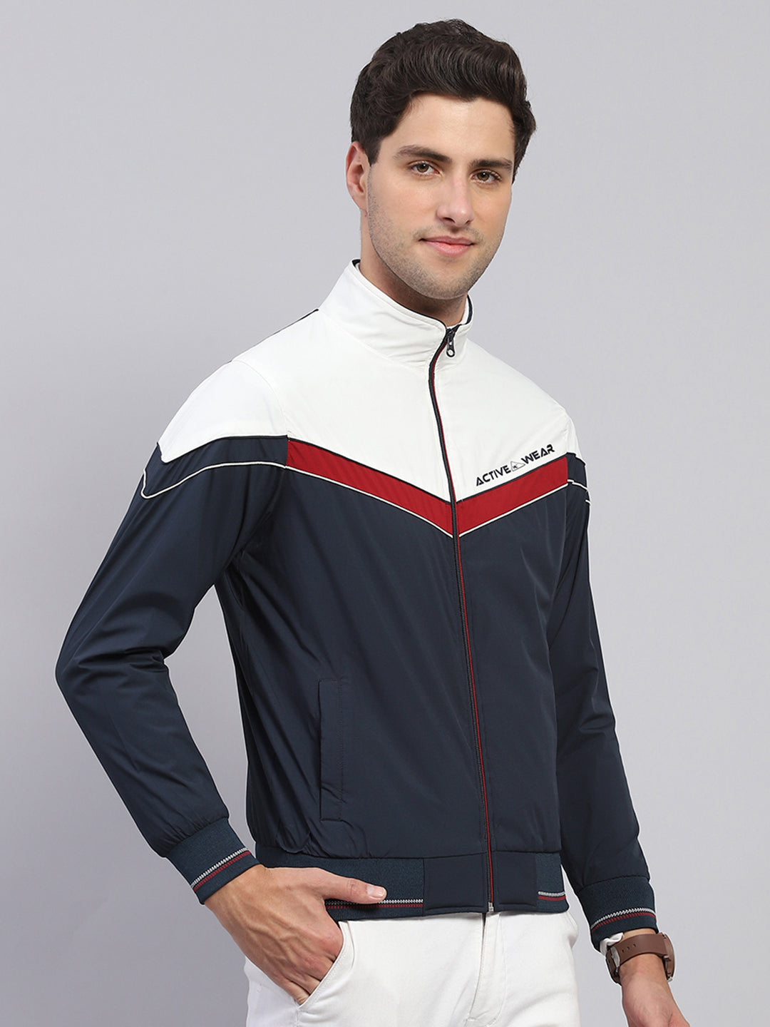 Men Navy Blue Solid Collar Full Sleeve Jacket