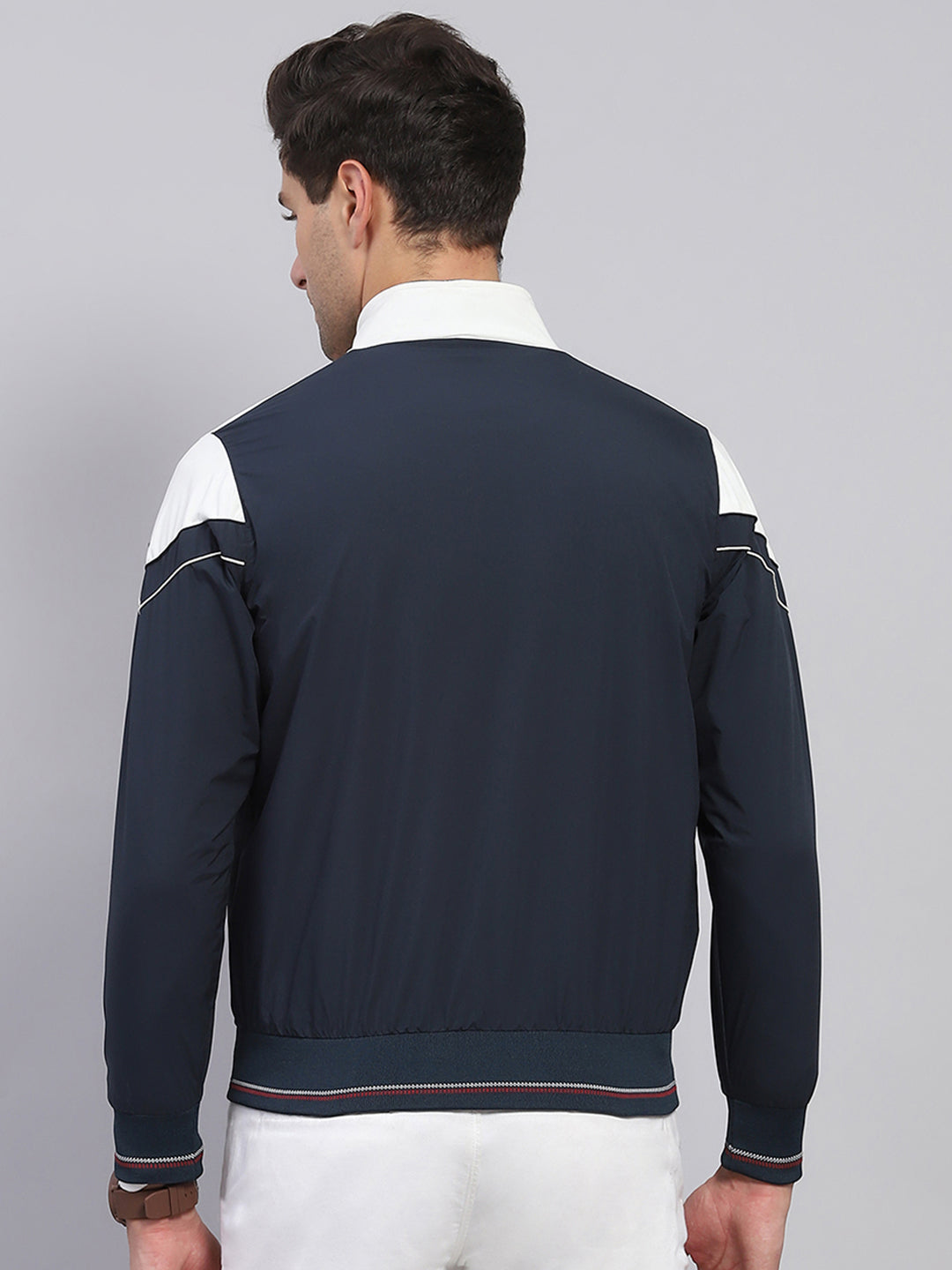 Men Navy Blue Solid Collar Full Sleeve Jacket