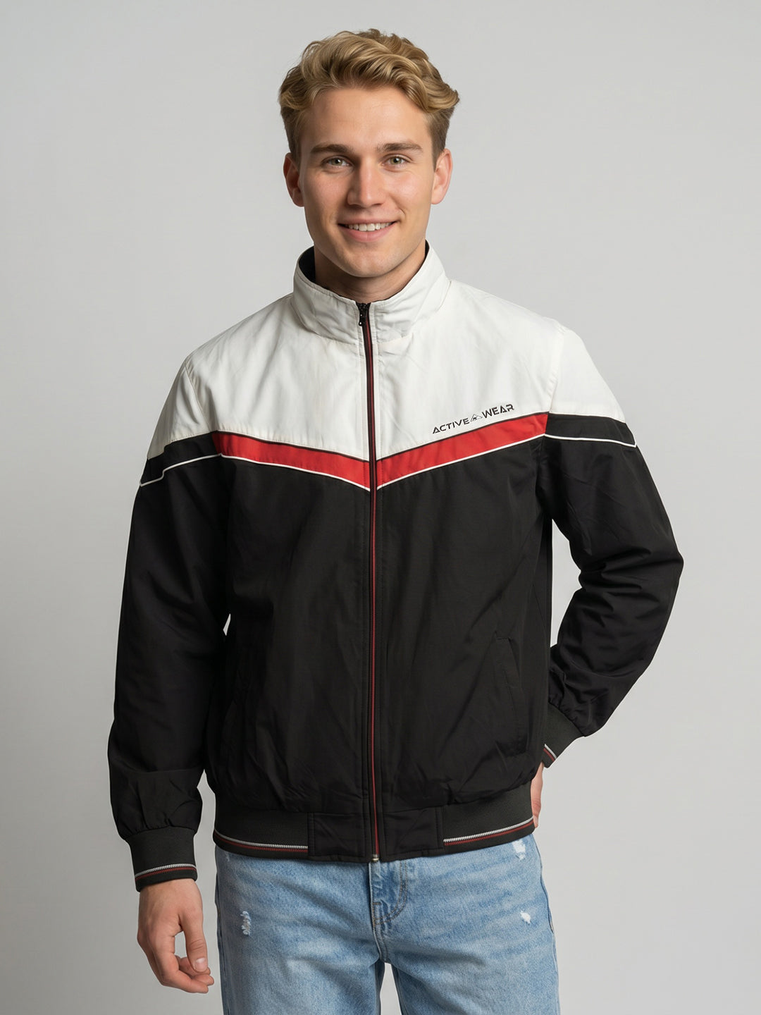 Men Black Solid Collar Full Sleeve Bomber Jacket