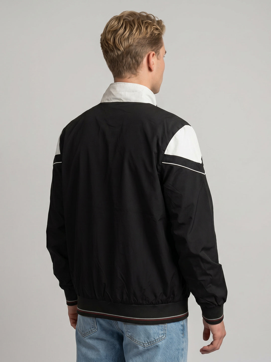 Men Black Solid Collar Full Sleeve Bomber Jacket