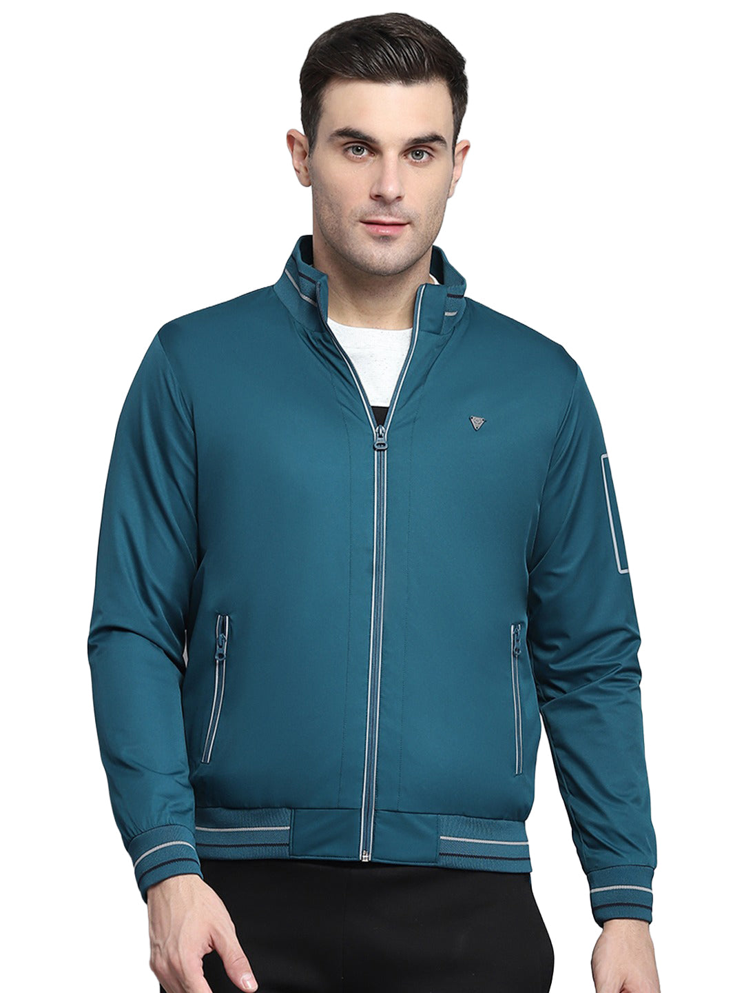 Men Teal Blue Solid Collar Full Sleeve Jacket