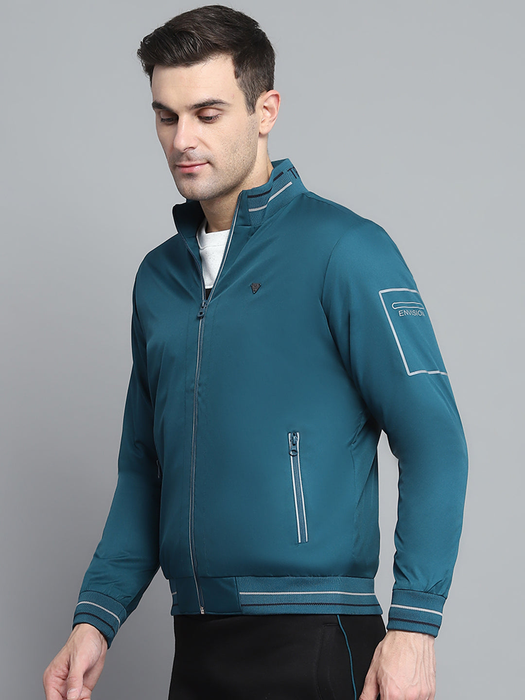 Men Teal Blue Solid Collar Full Sleeve Jacket
