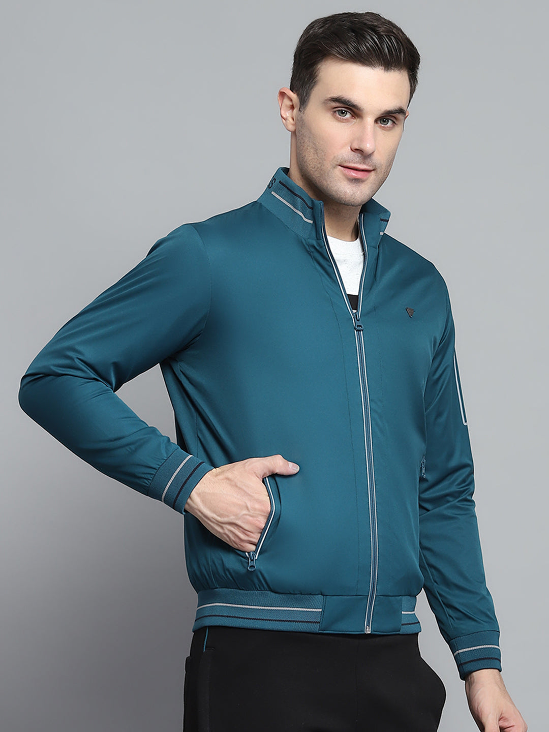Men Teal Blue Solid Collar Full Sleeve Jacket
