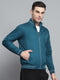 Men Teal Blue Solid Collar Full Sleeve Jacket