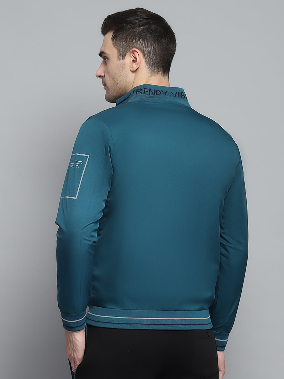 Men Teal Blue Solid Collar Full Sleeve Jacket