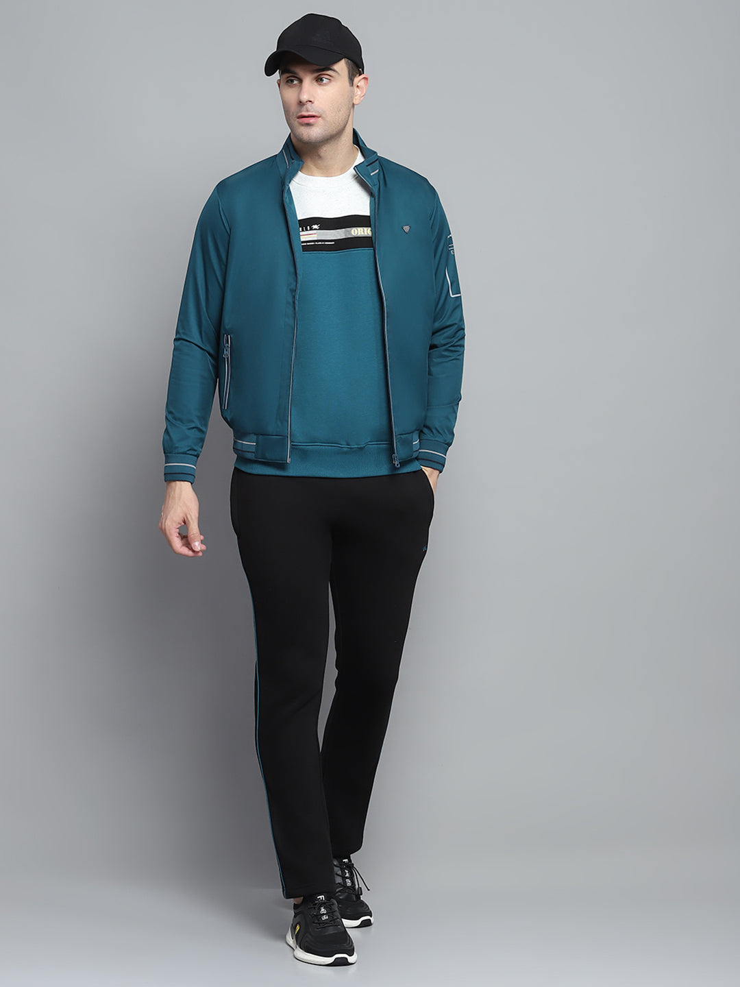Men Teal Blue Solid Collar Full Sleeve Jacket