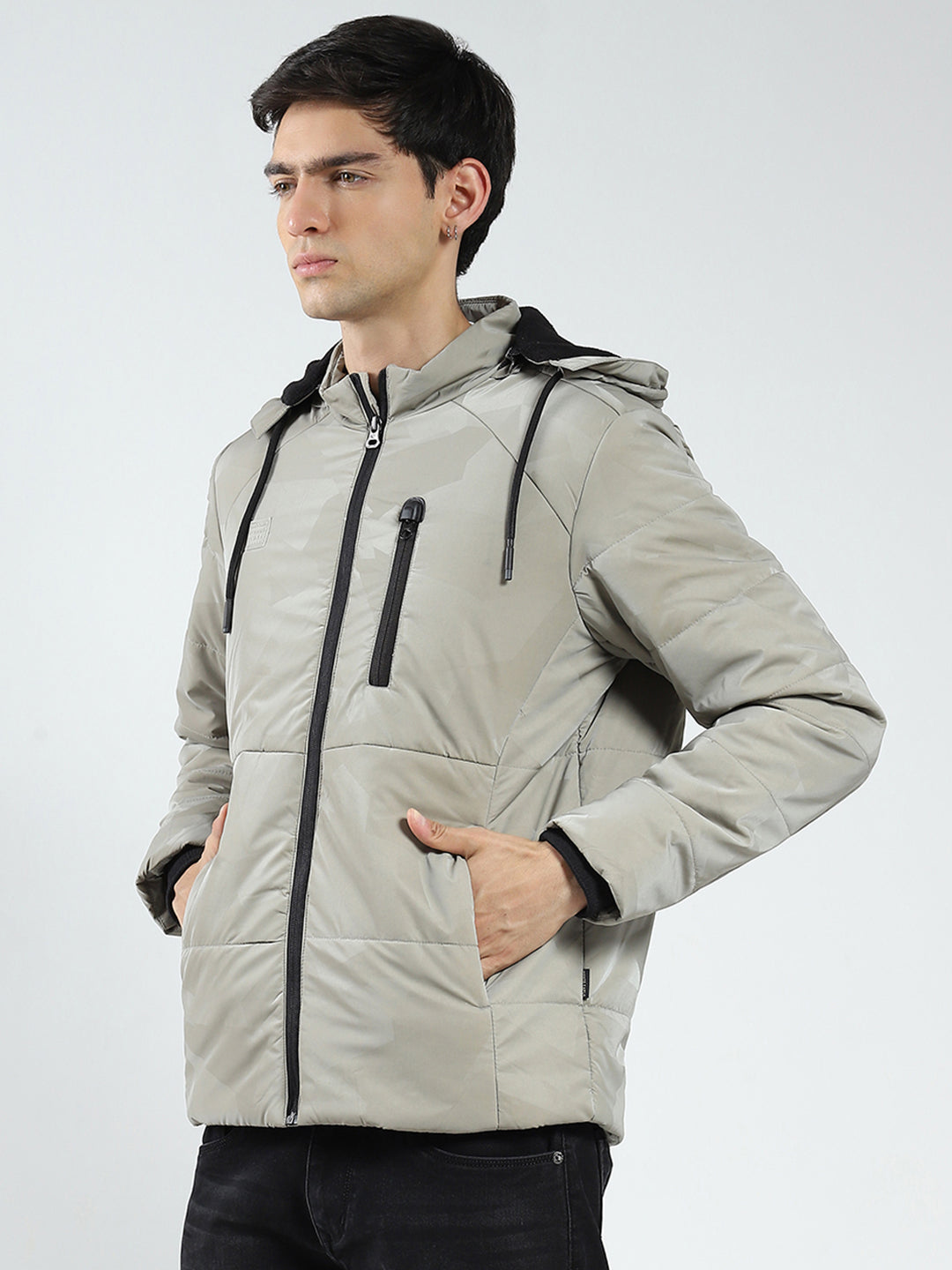 Men Grey Solid Detachable Hood Full Sleeve Jacket
