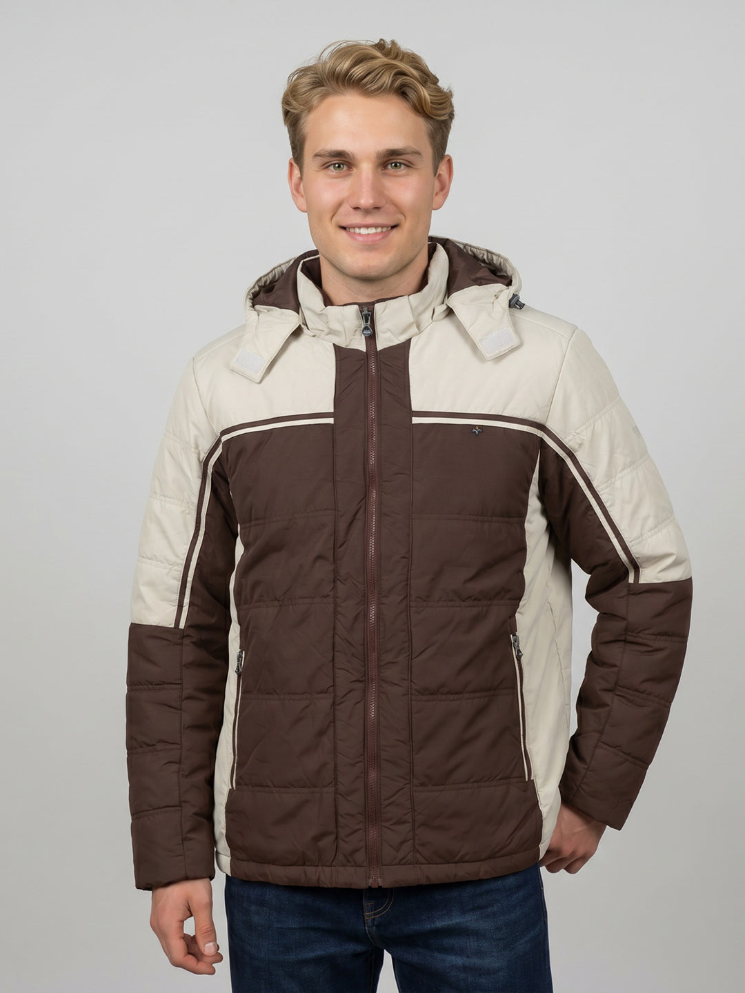 Men Brown Solid Detachable Hood Full Sleeve Puffer Jacket