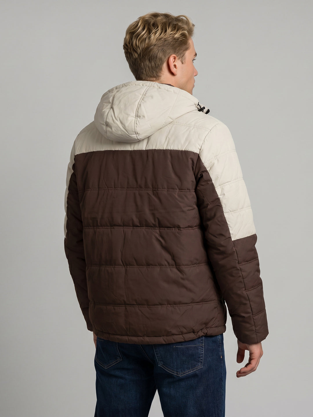 Men Brown Solid Detachable Hood Full Sleeve Puffer Jacket