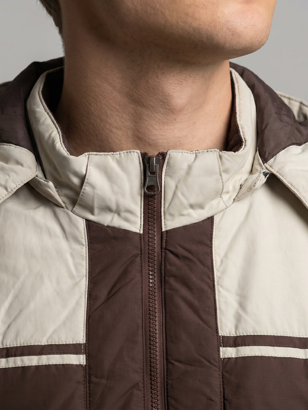 Men Brown Solid Detachable Hood Full Sleeve Puffer Jacket