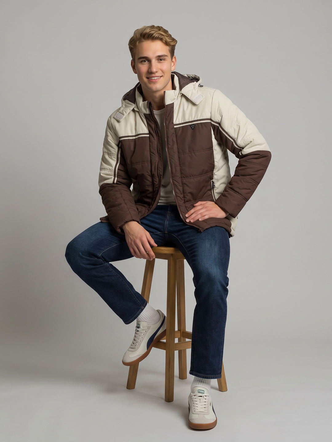 Men Brown Solid Detachable Hood Full Sleeve Puffer Jacket