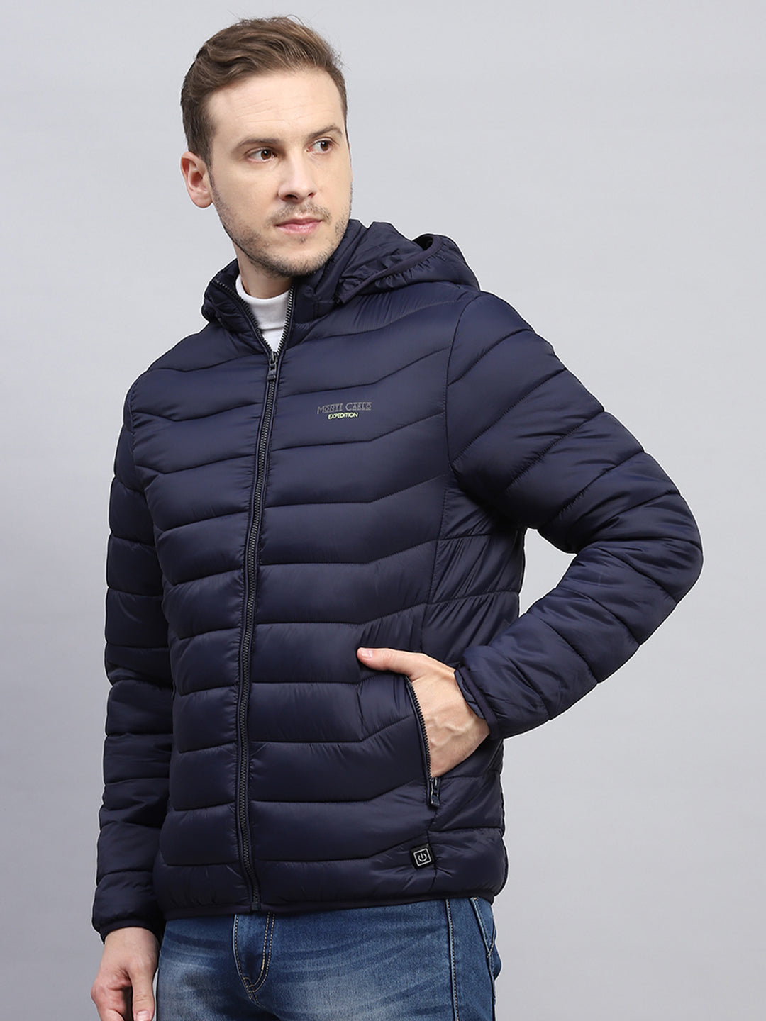 Men Navy Blue Solid Hooded Full Sleeve Heating Jacket
