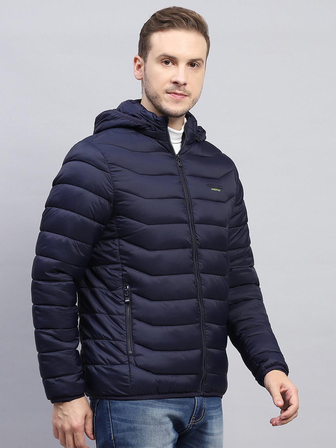 Men Navy Blue Solid Hooded Full Sleeve Heating Jacket