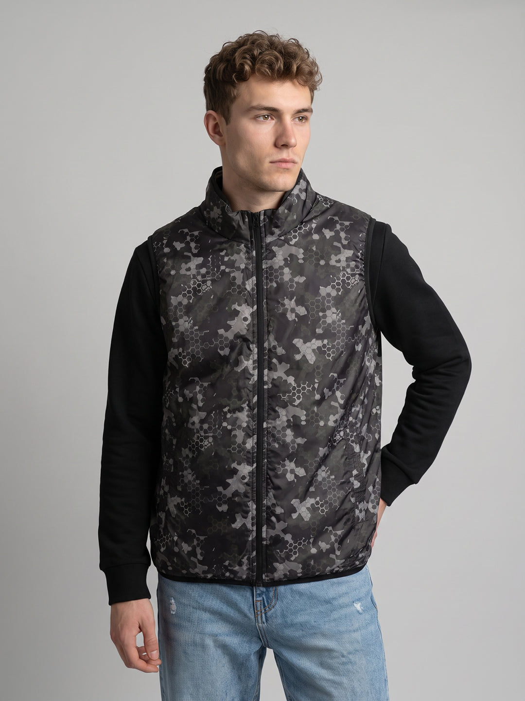 Men Olive Hooded Full Sleeve Jacket with Reversible Half Sleeve Jacket