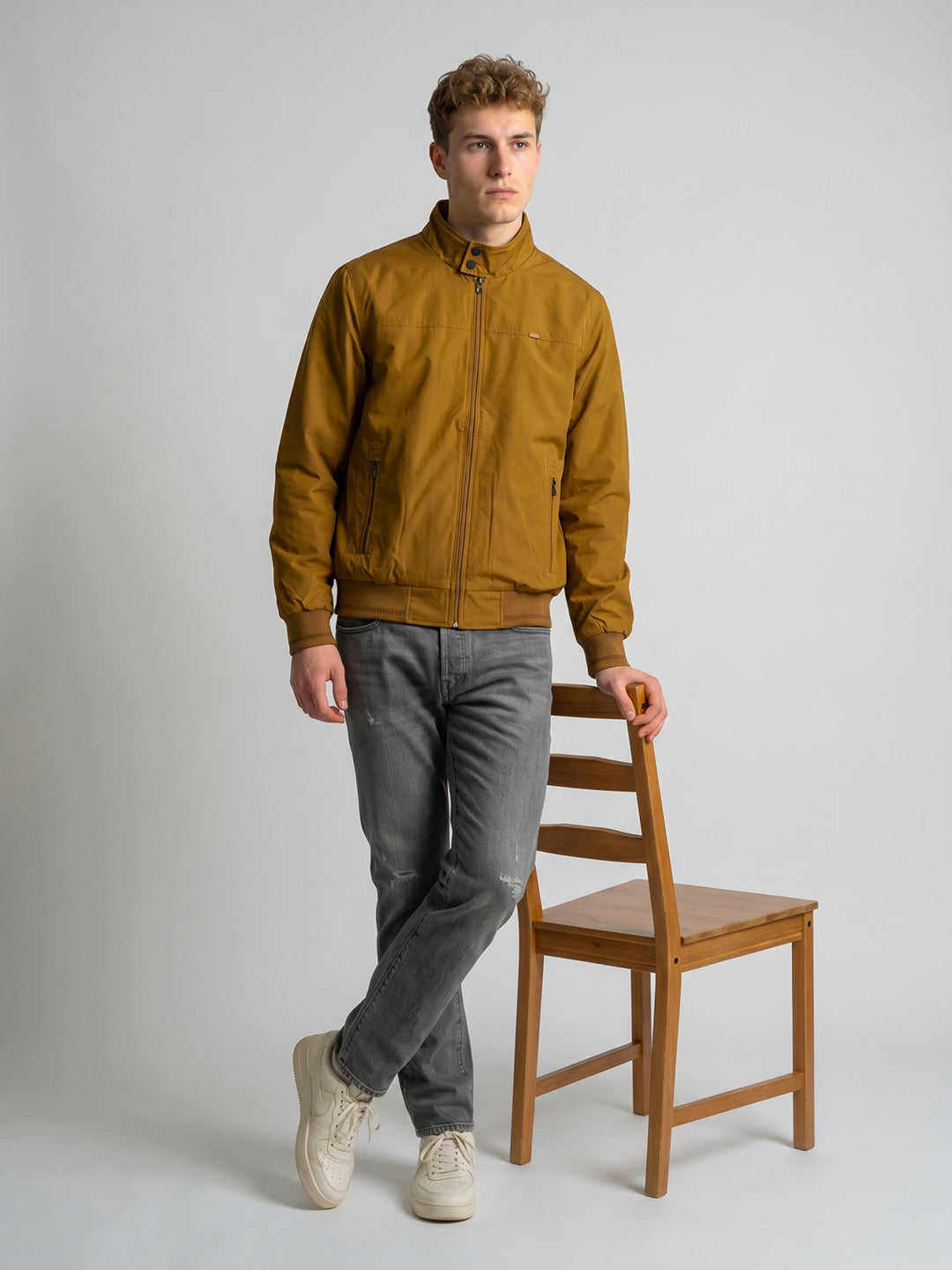 Men Mustard Solid Stand Collar Full Sleeve Bomber Jacket