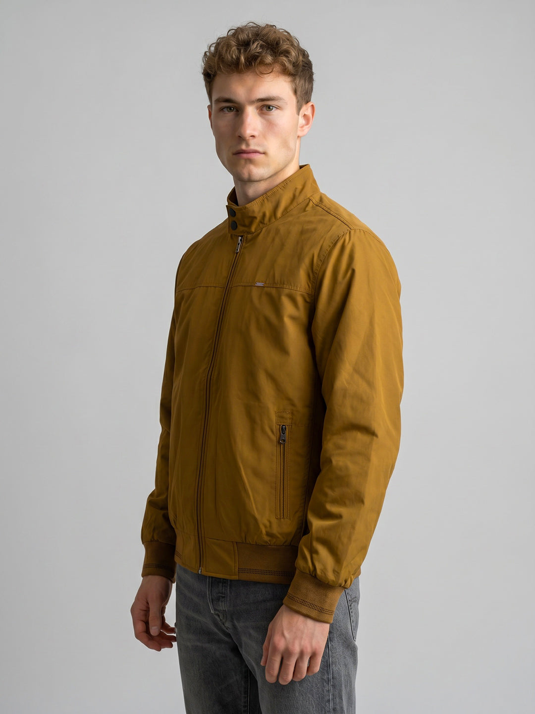 Men Mustard Solid Stand Collar Full Sleeve Bomber Jacket