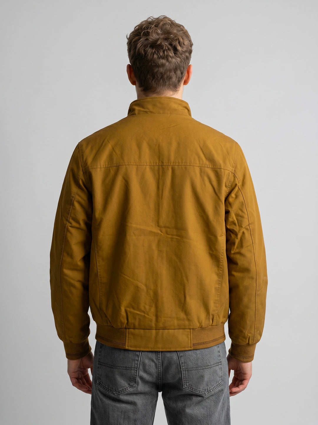 Men Mustard Solid Stand Collar Full Sleeve Bomber Jacket