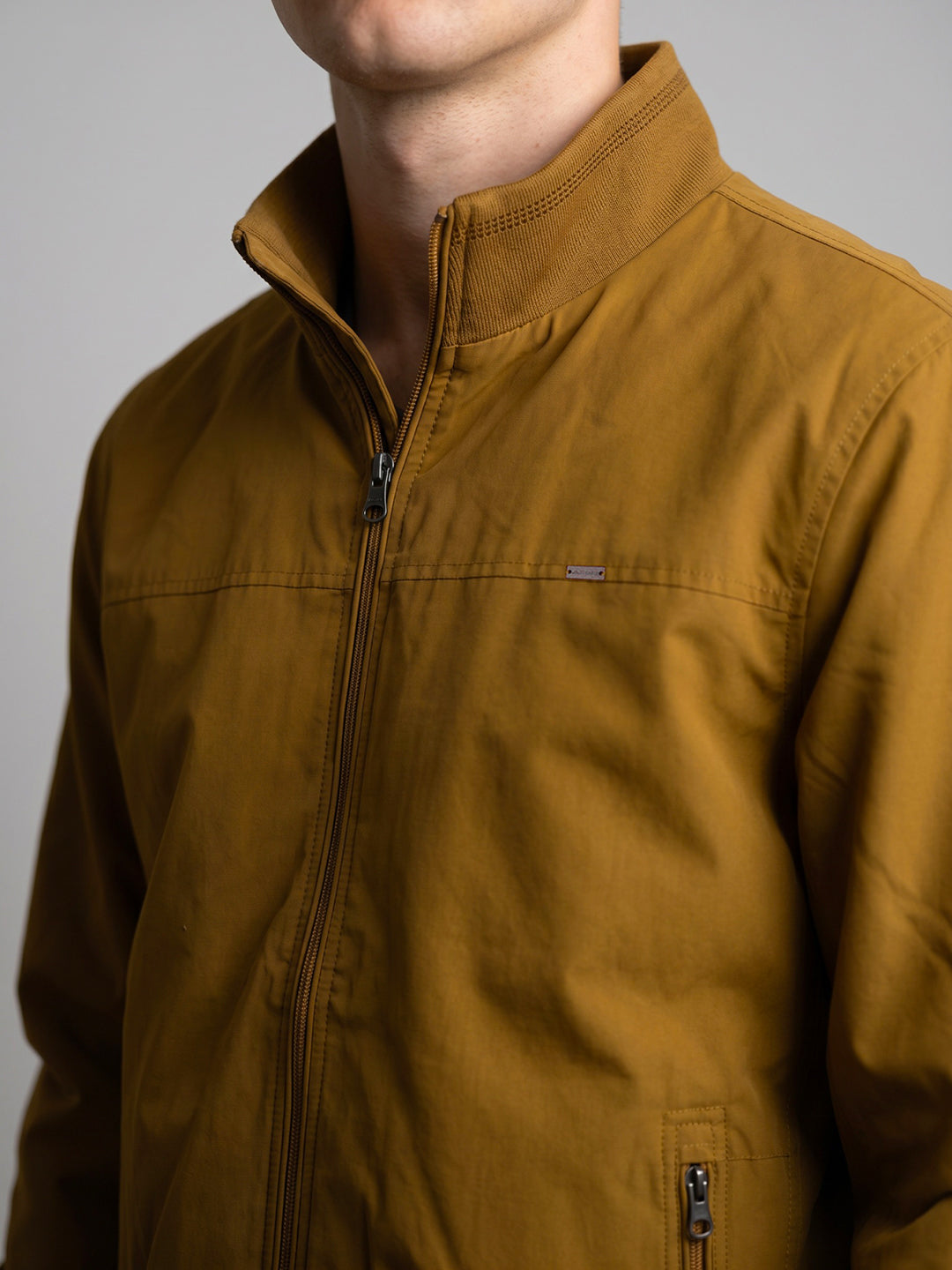 Men Mustard Solid Stand Collar Full Sleeve Bomber Jacket