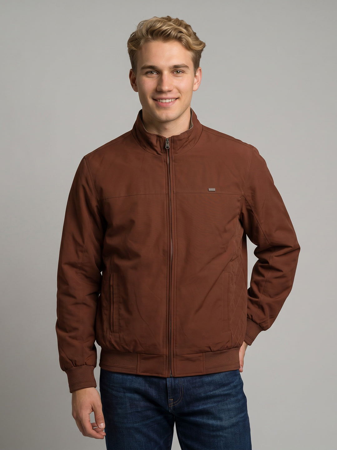 Men Rust Solid Stand Collar Full Sleeve Reversible Bomber Jacket