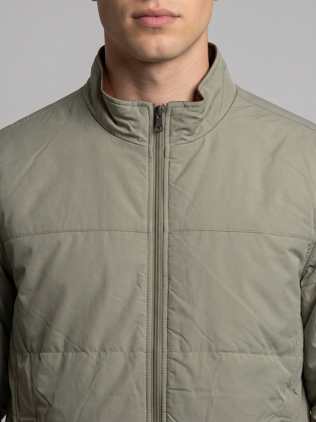 Men Rust Solid Stand Collar Full Sleeve Reversible Bomber Jacket