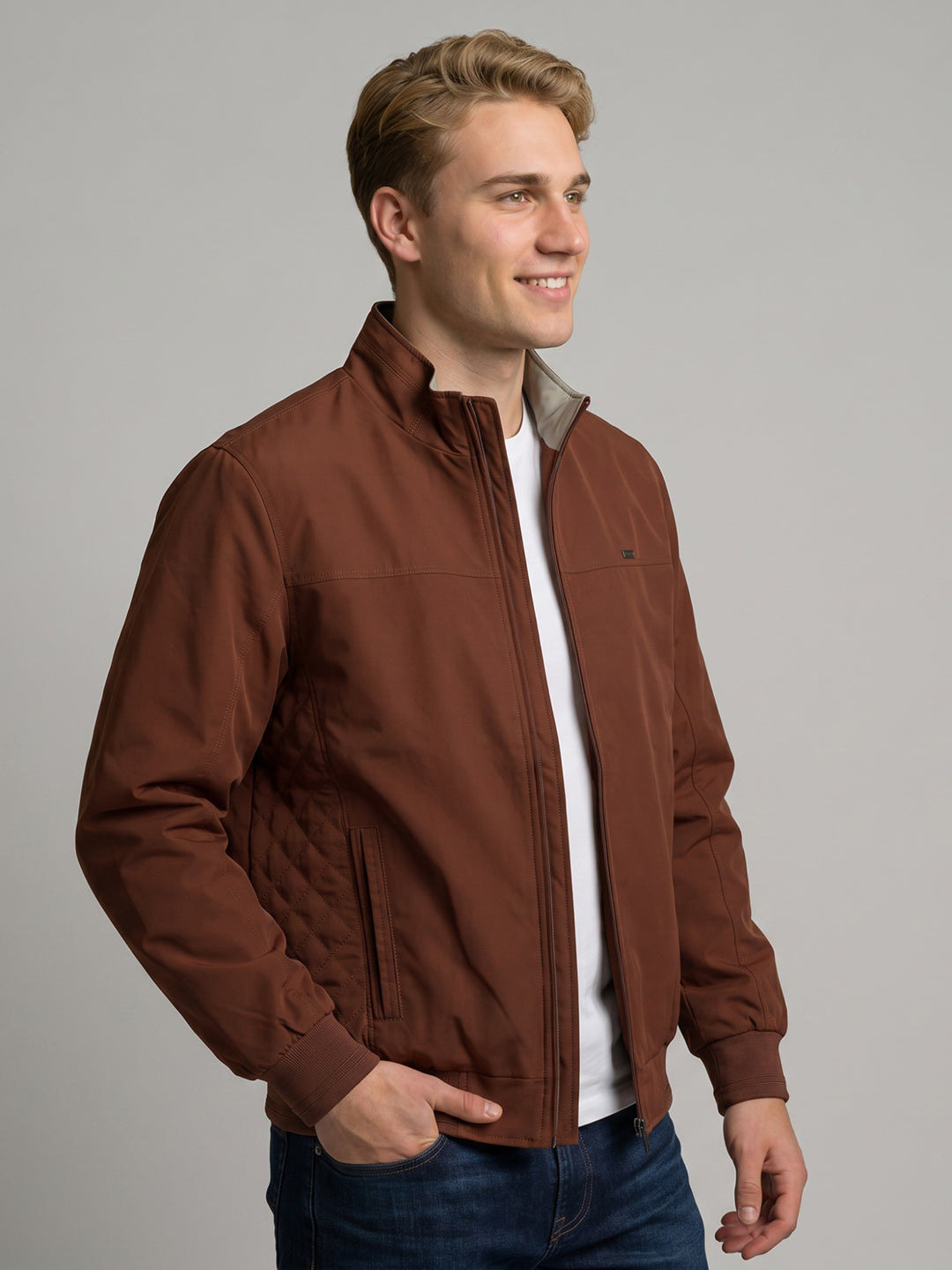Men Rust Solid Stand Collar Full Sleeve Reversible Bomber Jacket