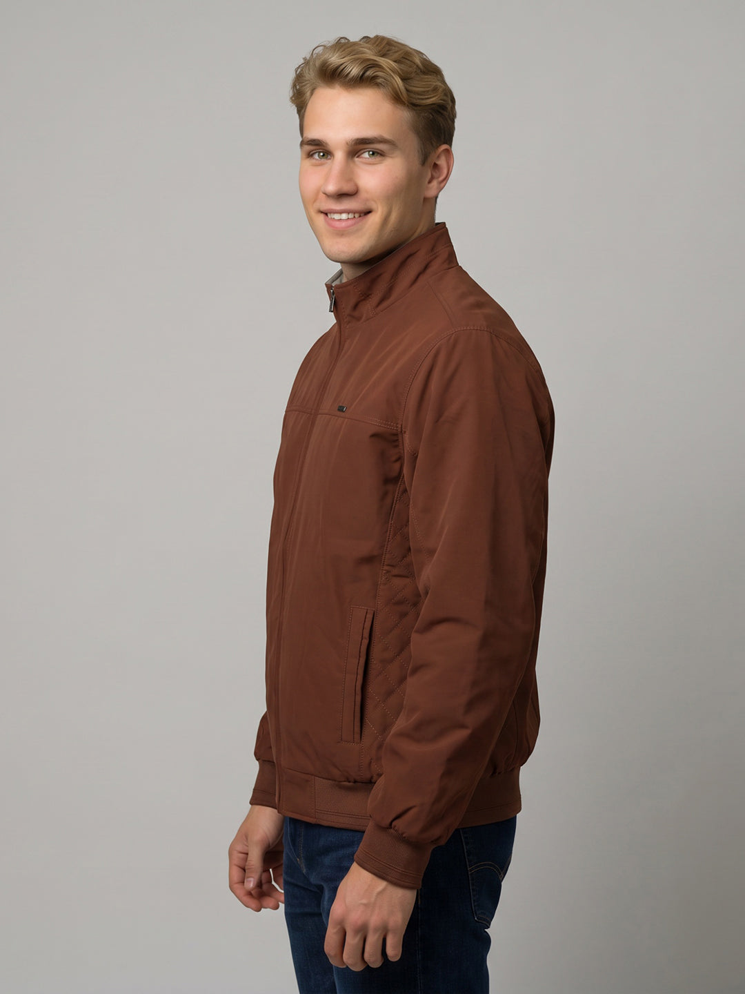 Men Rust Solid Stand Collar Full Sleeve Reversible Bomber Jacket