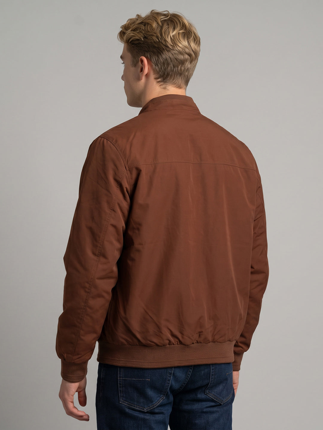 Men Rust Solid Stand Collar Full Sleeve Reversible Bomber Jacket