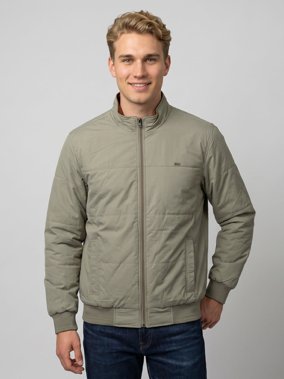 Men Rust Solid Stand Collar Full Sleeve Reversible Bomber Jacket