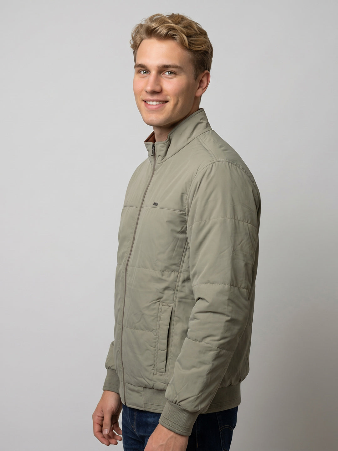 Men Rust Solid Stand Collar Full Sleeve Reversible Bomber Jacket