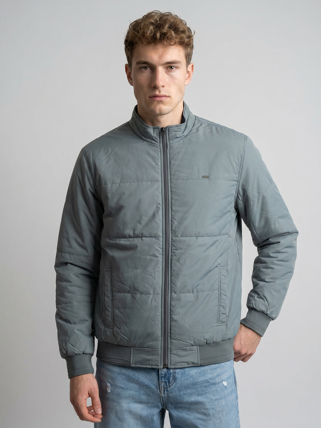 Men Navy Blue Solid Stand Collar Full Sleeve Reversible Bomber Jacket