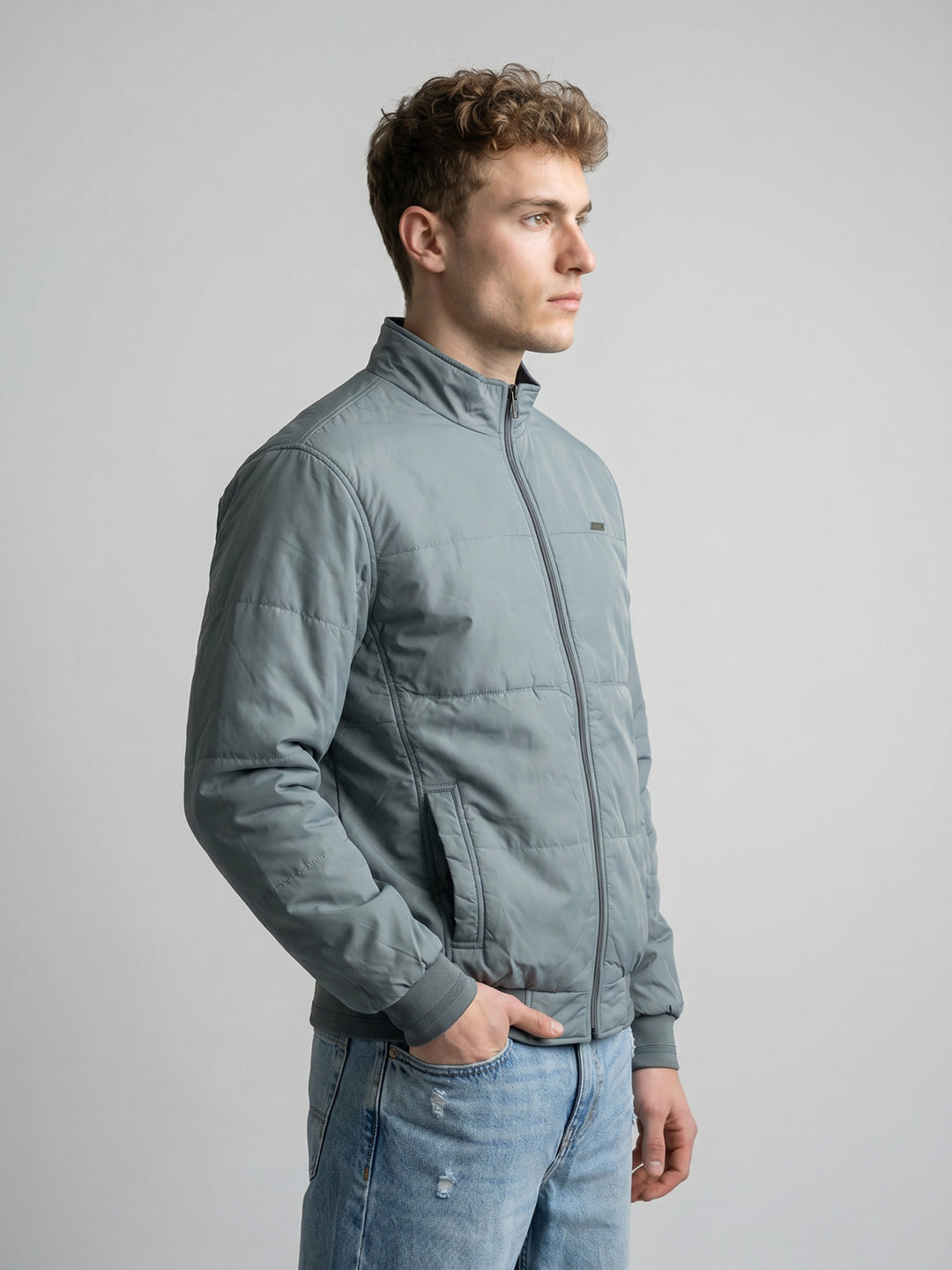 Men Navy Blue Solid Stand Collar Full Sleeve Reversible Bomber Jacket