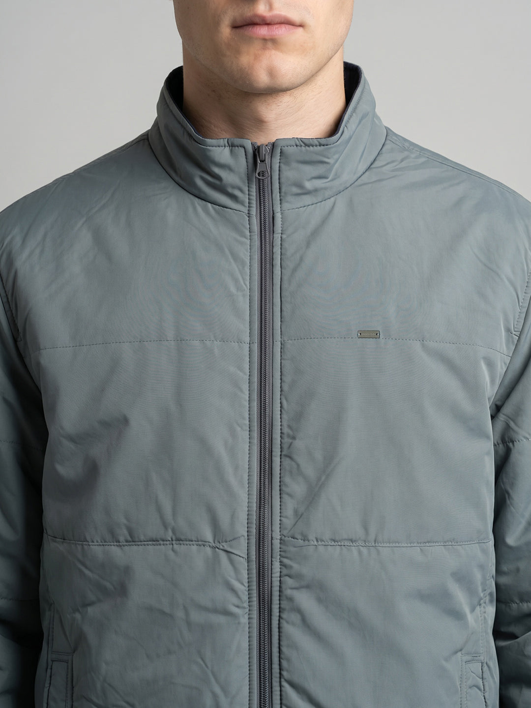 Men Navy Blue Solid Stand Collar Full Sleeve Reversible Bomber Jacket