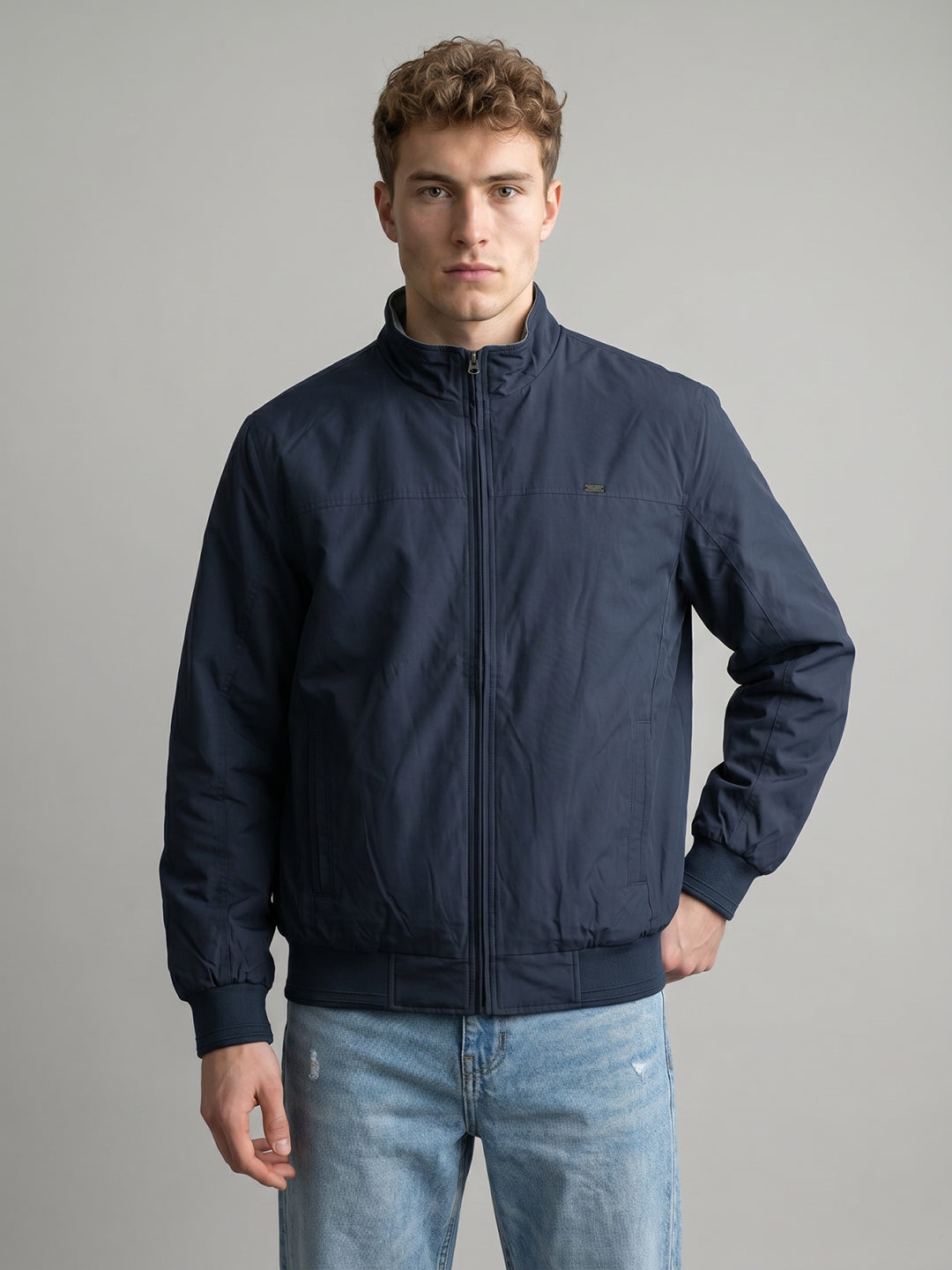 Men Navy Blue Solid Stand Collar Full Sleeve Reversible Bomber Jacket