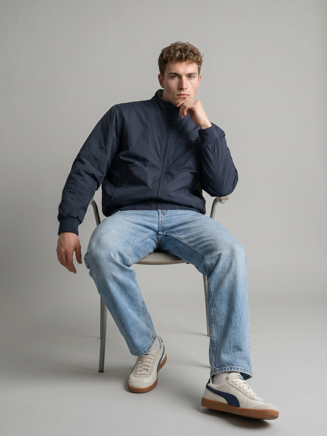 Men Navy Blue Solid Stand Collar Full Sleeve Reversible Bomber Jacket