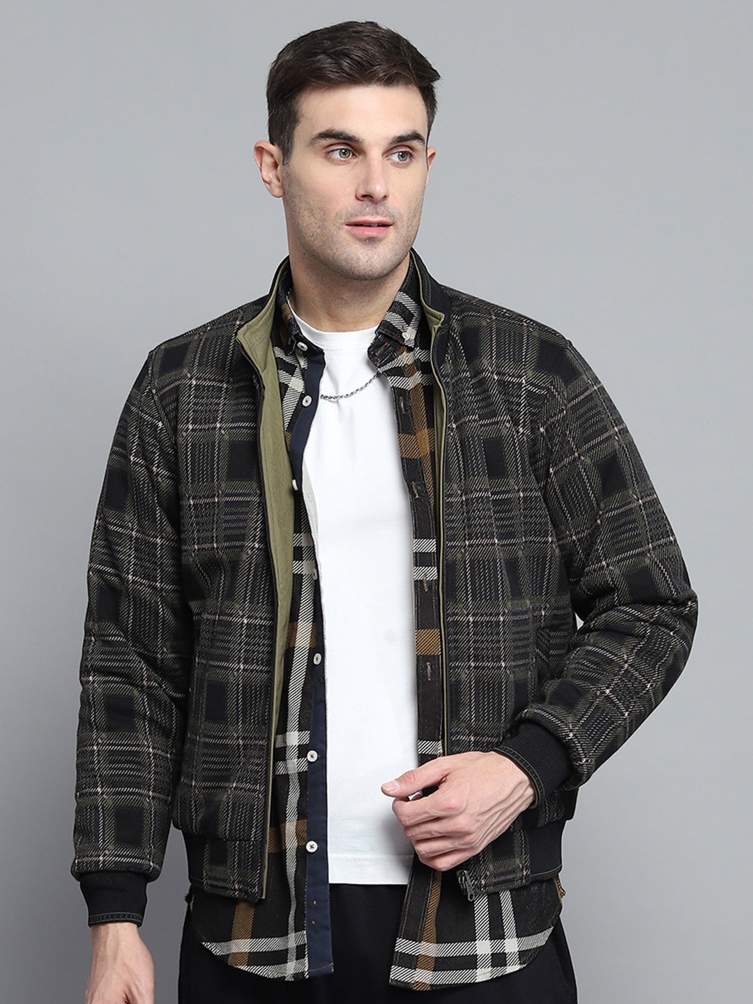 Men Green Solid Mock Neck Full Sleeve Jacket