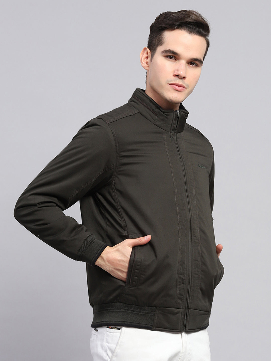 Men Olive Solid Mock Neck Full Sleeve Reversible Jacket