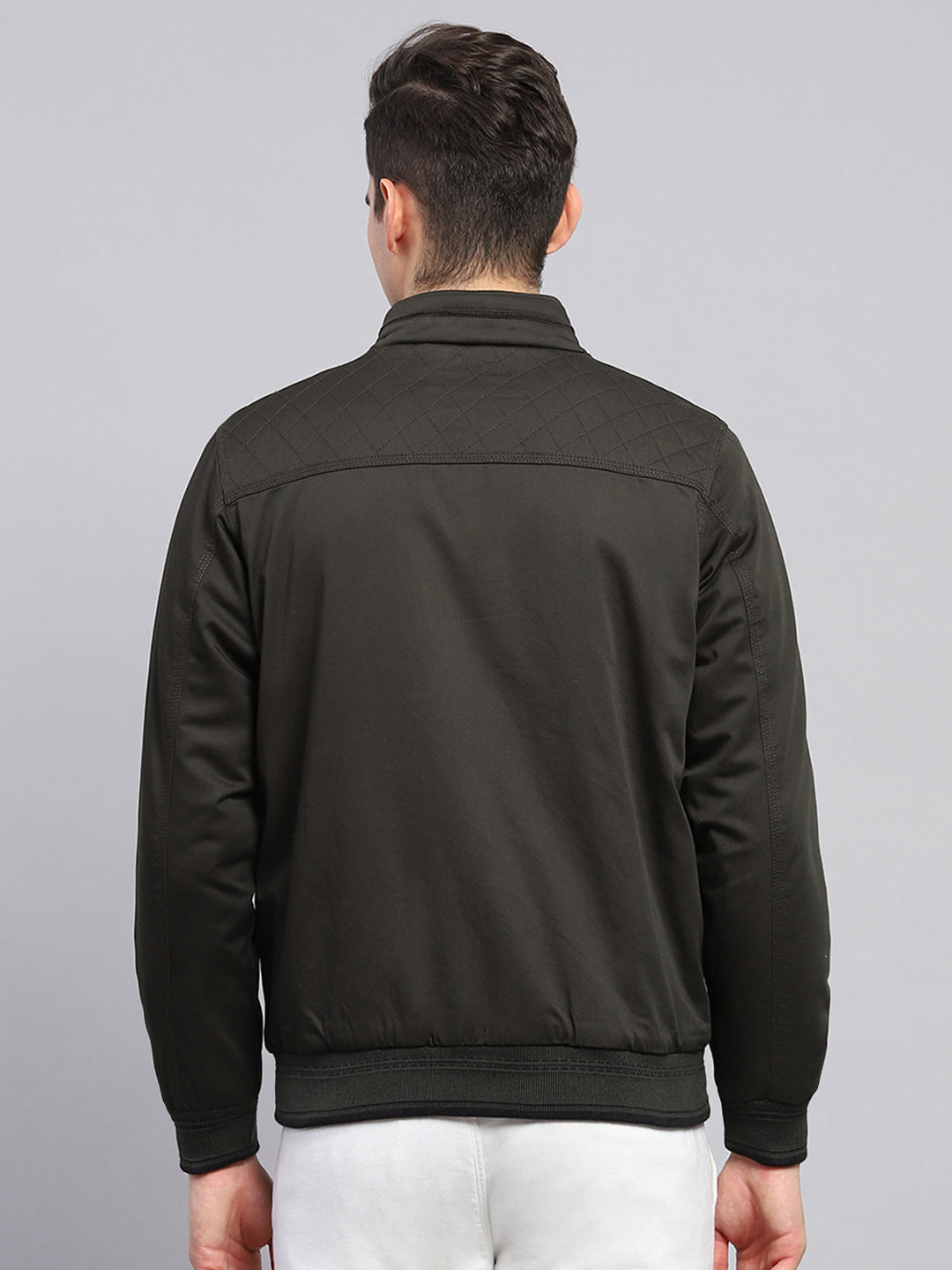 Men Olive Solid Mock Neck Full Sleeve Reversible Jacket