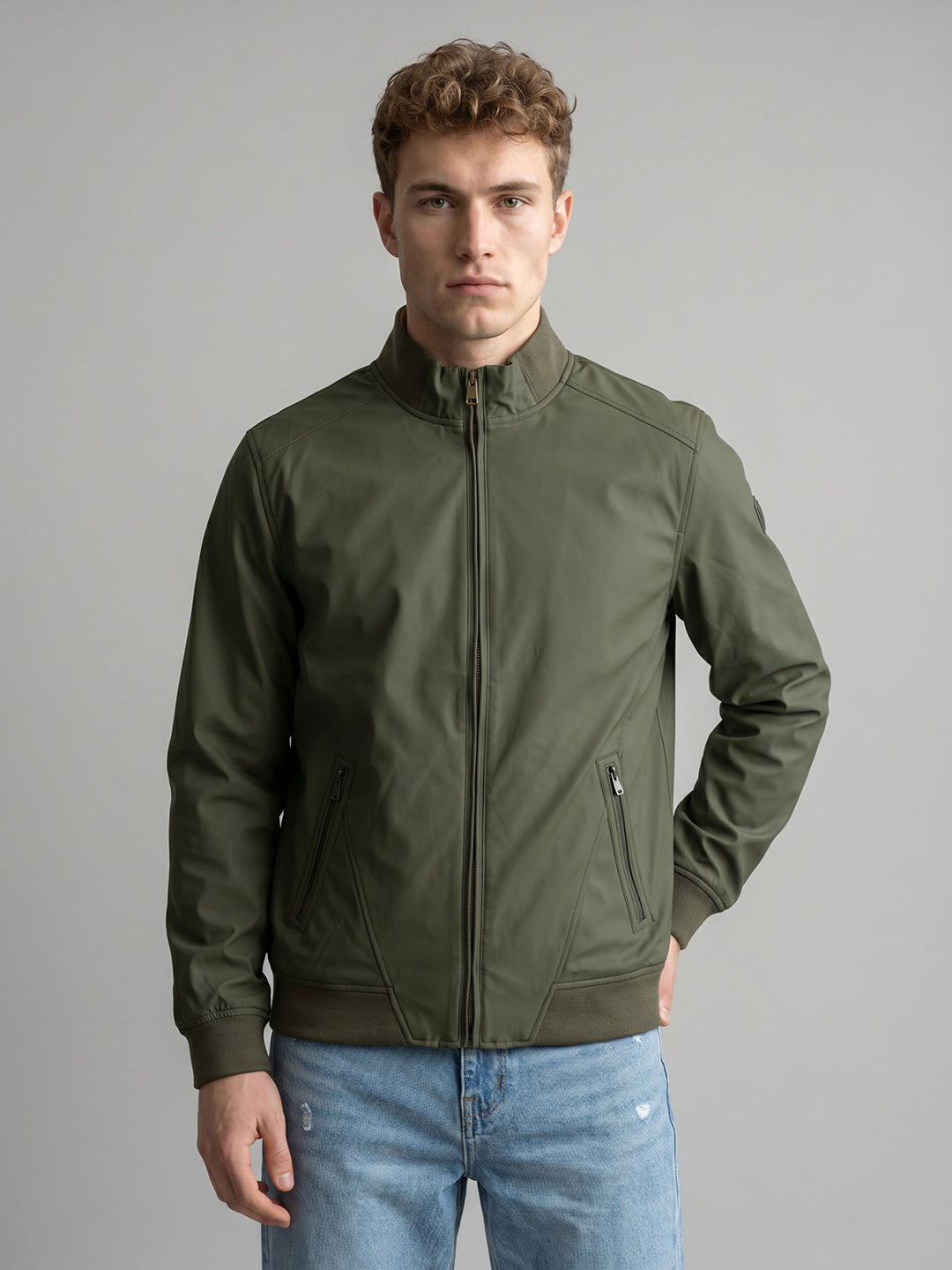 Men Green Solid Stand Collar Full Sleeve Reversible Jacket