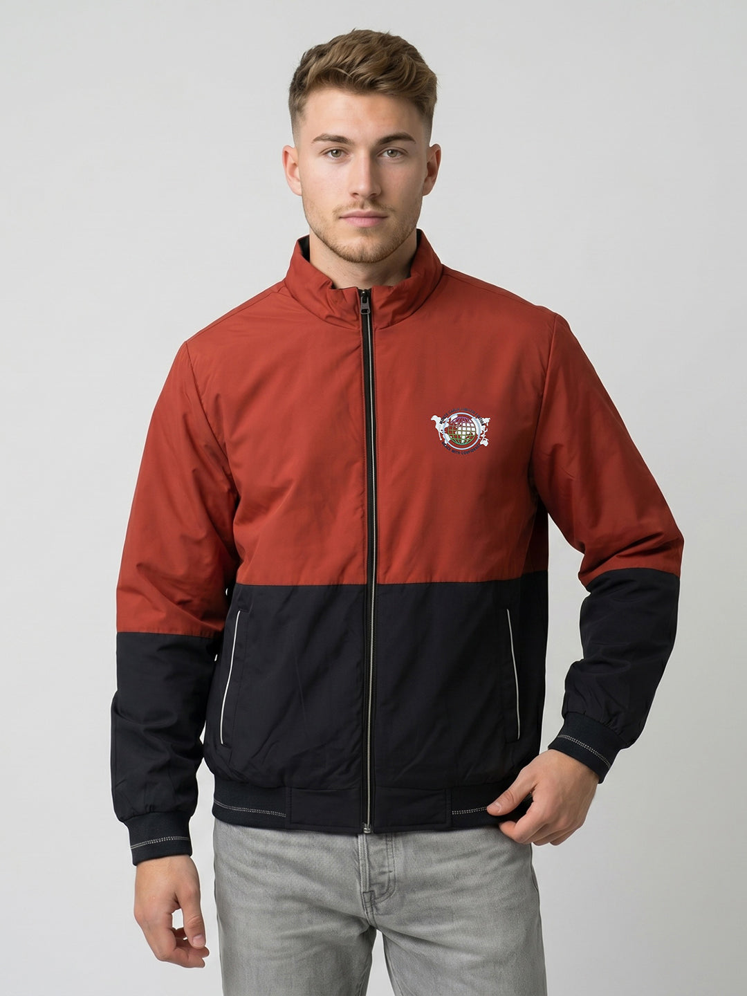 Men Rust Solid Turtle Neck Full Sleeve Bomber Jacket