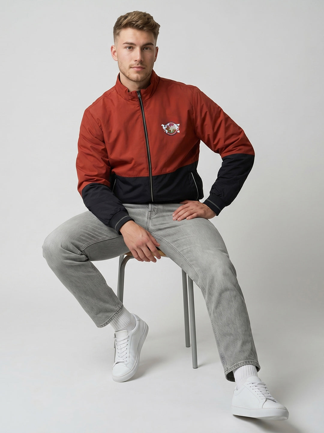 Men Rust Solid Turtle Neck Full Sleeve Bomber Jacket
