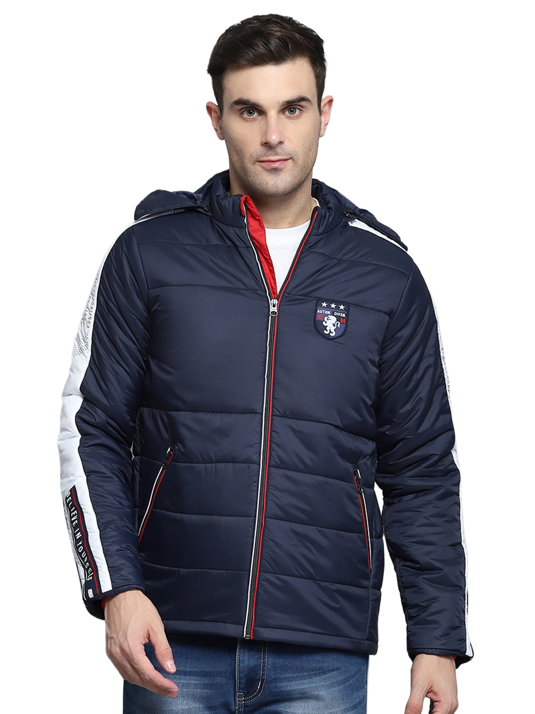 Men Navy Blue Solid Hooded Full Sleeve Jacket