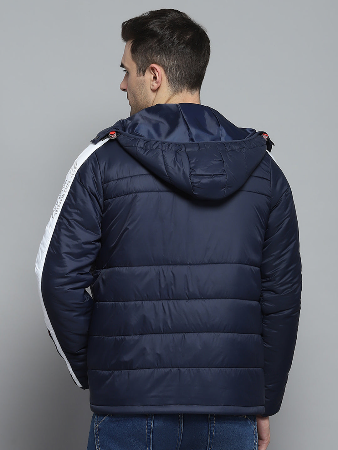 Men Navy Blue Solid Hooded Full Sleeve Jacket