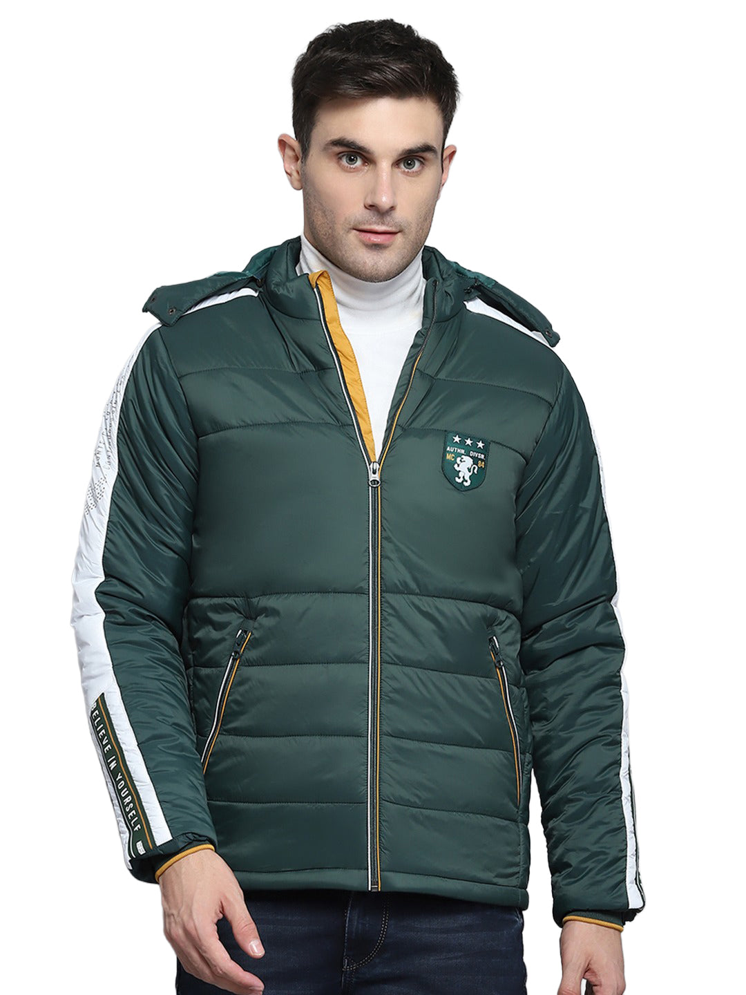 Men Green Solid Hooded Full Sleeve Jacket