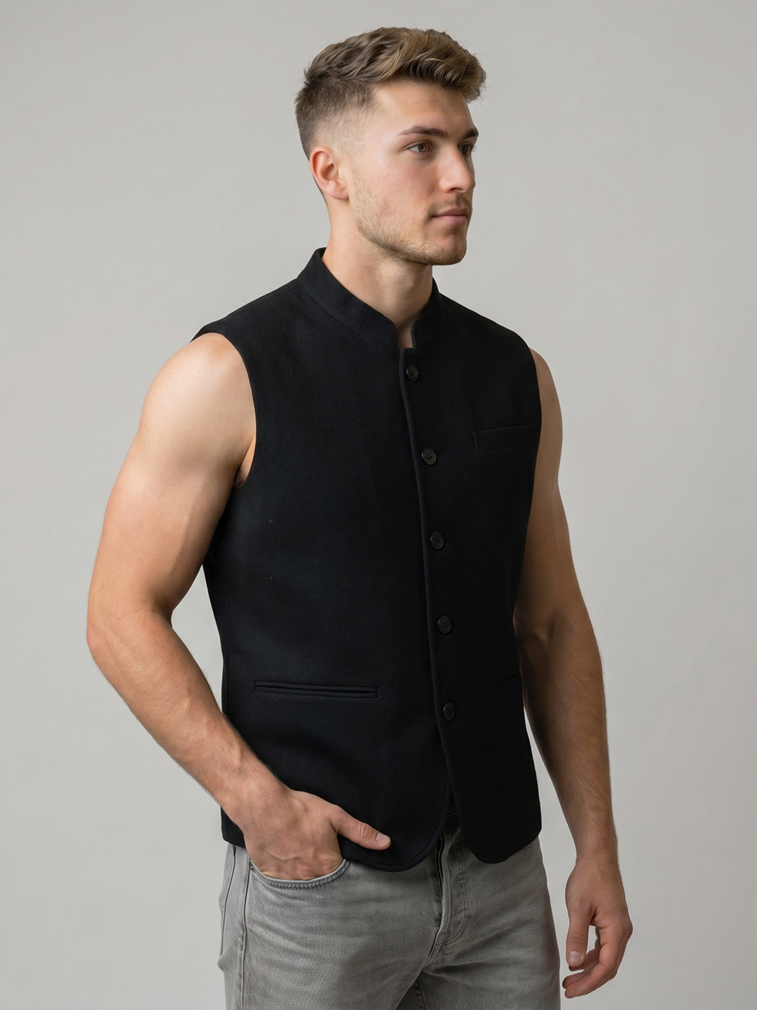Men Olive Solid Collar Sleeveless Jacket