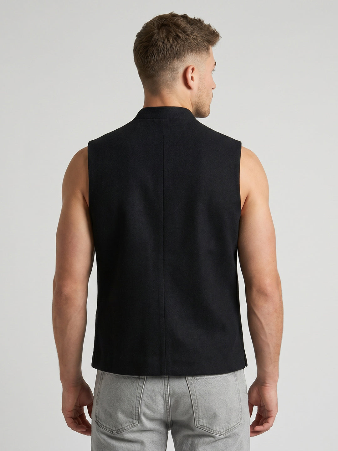 Men Olive Solid Collar Sleeveless Jacket