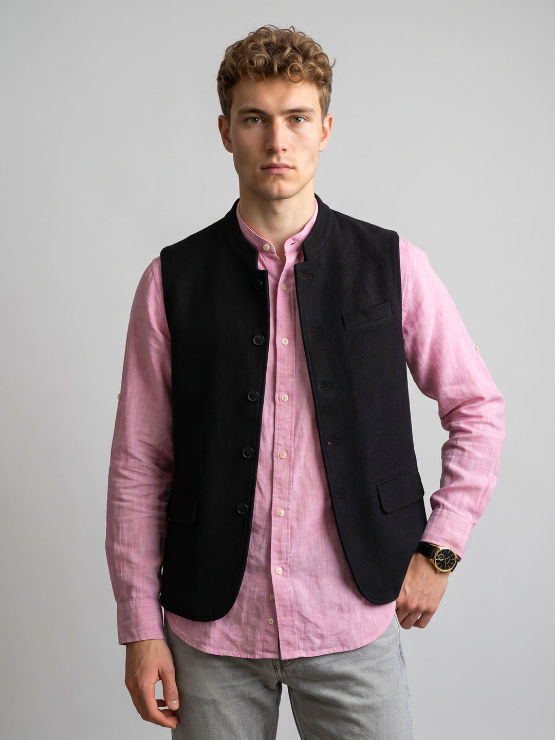 Men Black Solid Collar Sleeveless Nehru Jacket