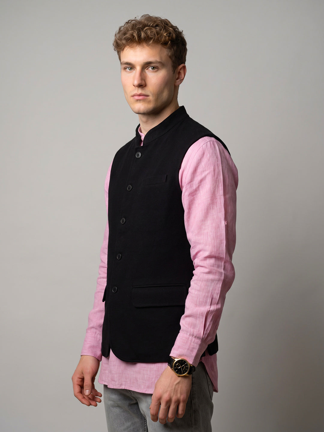 Men Black Solid Collar Sleeveless Nehru Jacket