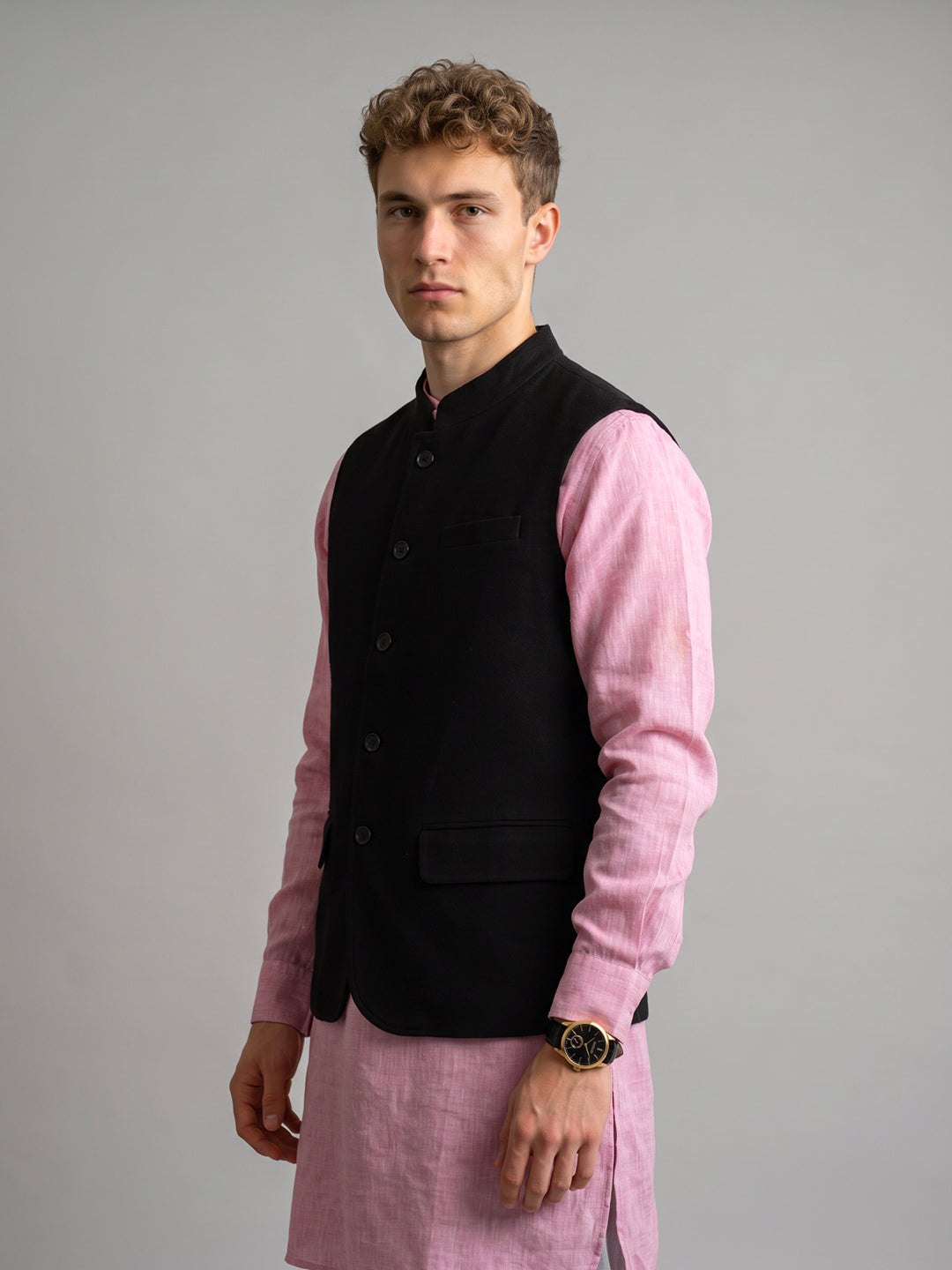 Men Black Solid Collar Sleeveless Nehru Jacket