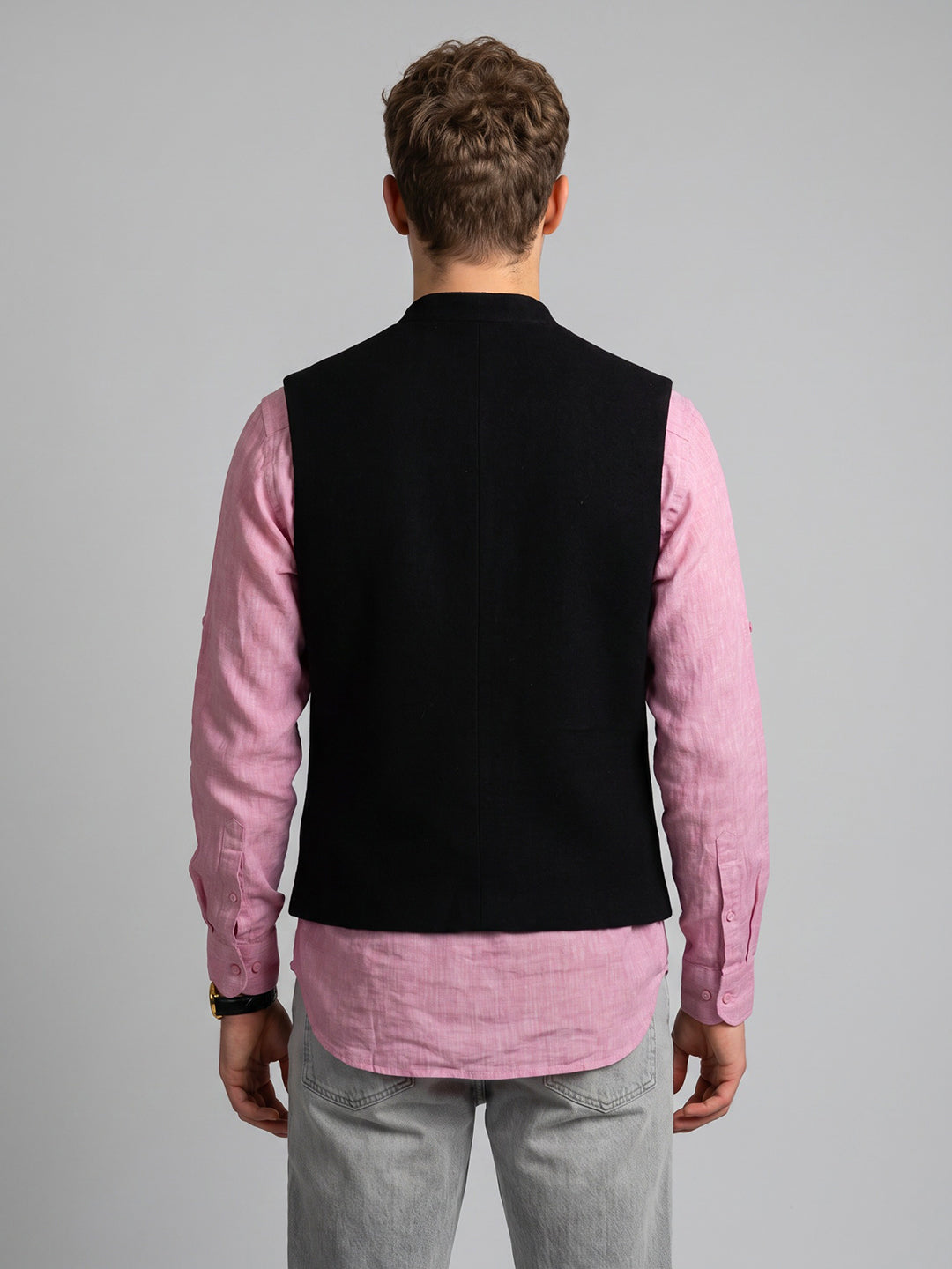 Men Black Solid Collar Sleeveless Nehru Jacket