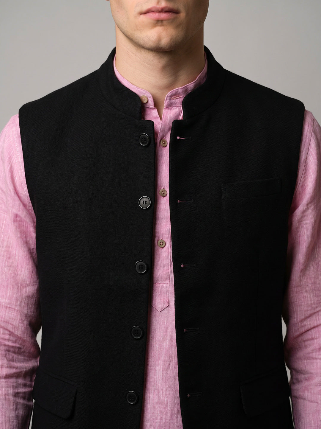 Men Black Solid Collar Sleeveless Nehru Jacket